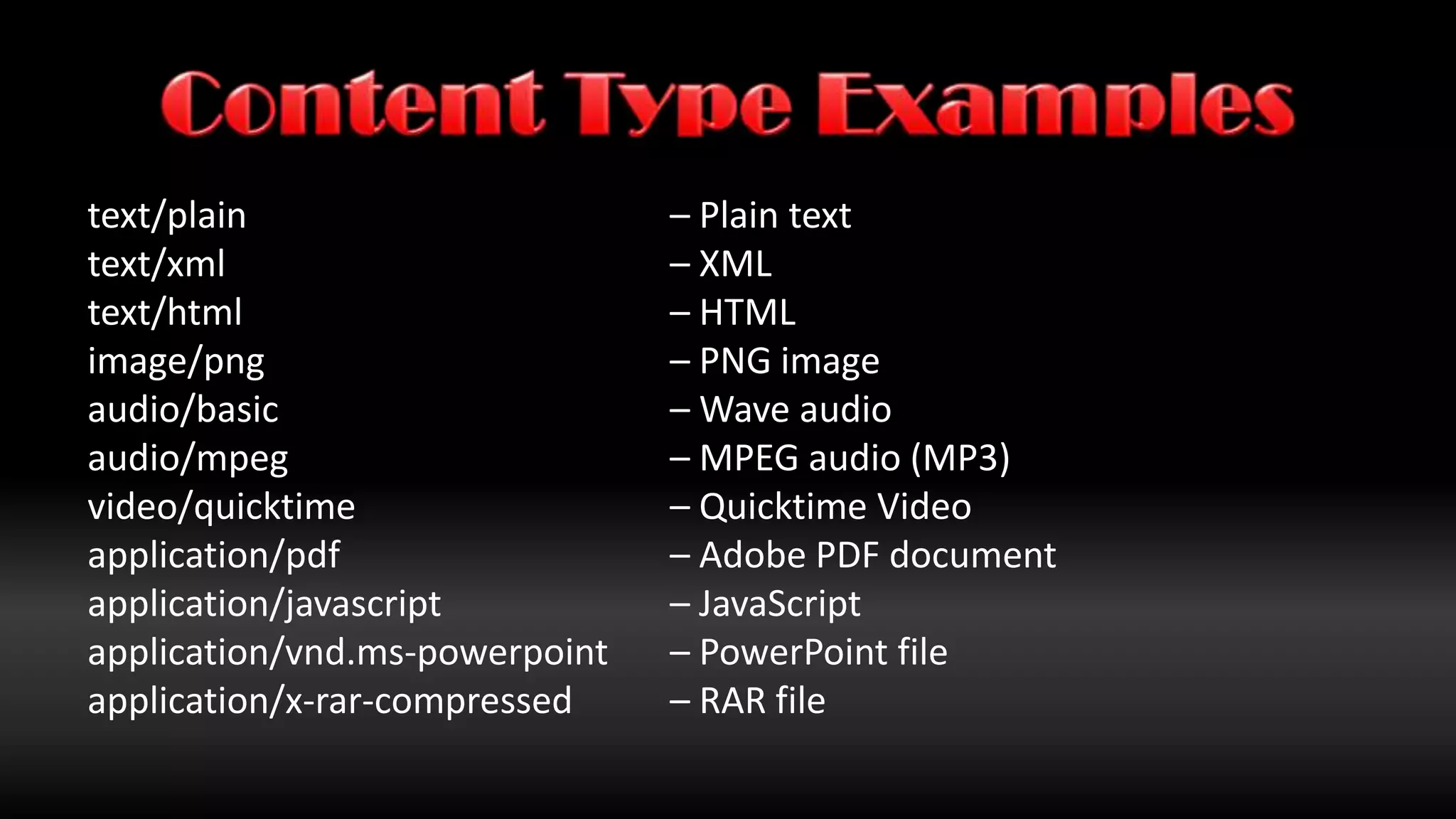 Content TypeProper name: Internet Media TypeAlso known as MIME typeParts: Type, SubType, Optional Parametersx- prefix for nonstandard types or subtypesvnd. prefix for vendor specific subtypesFrowned upon by purists 