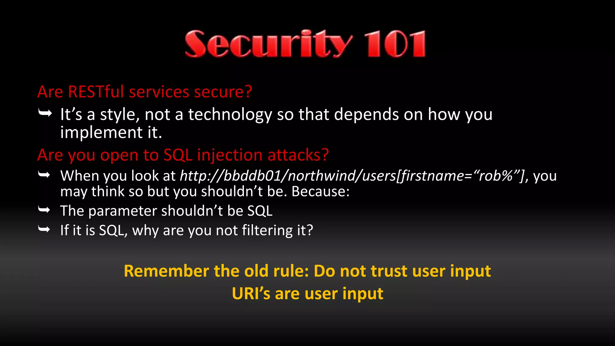 Anti-PatternsUse one HTTP method – like GET for everythingOften called GET or POST TunnellingPass everything in URI’sAssume this is a replacement for SOAP or WS*