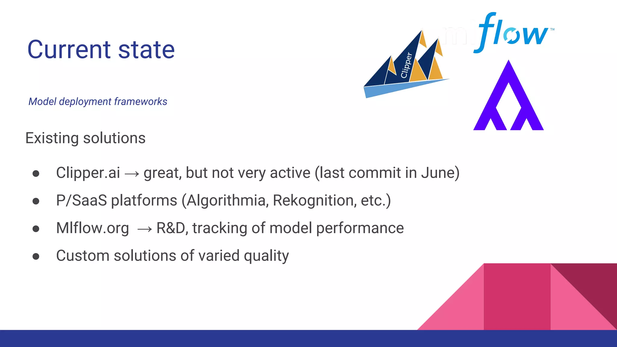 Current state
Existing solutions
● Clipper.ai → great, but not very active (last commit in June)
● P/SaaS platforms (Algorithmia, Rekognition, etc.)
● Mlflow.org → R&D, tracking of model performance
● Custom solutions of varied quality
Model deployment frameworks
 