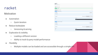 racket
Motivation
● Automation
○ Quick iteration
● Reduce boilerplate
○ Versioning & serving
● Exploration & visibility
○ Loading a different version
○ Ability to track & query model performance
● Flexibility
○ Multiple models can be loaded and are accessible through a simple API
 