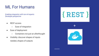 ML For Humans
Enabling integration with non-ml experts:
Developer perspective
● REST access
○ Ease of integration
● Ease of deployment
○ Containers not just an afterthought
● Visibility: discover shapes of inputs
needed, shapes of outputs
+
 