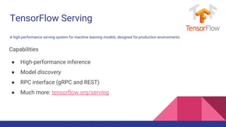 TensorFlow Serving
A high-performance serving system for machine learning models, designed for production environments
Capabilities
● High-performance inference
● Model discovery
● RPC interface (gRPC and REST)
● Much more: tensorflow.org/serving
 
