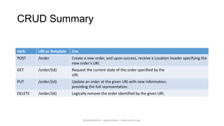 CRUD Summary

Verb     URI or Template   Use
POST     /order            Create a new order, and upon success, receive a Location header specifying the
                           new order’s URI.
GET      /order/{id}       Request the current state of the order specified by the
                           URI.
PUT      /order/{id}       Update an order at the given URI with new information,
                           providing the full representation.
DELETE   /order/{id}       Logically remove the order identified by the given URI.




                                 @walterdalmut - www.corley.it - www.upcloo.com
 