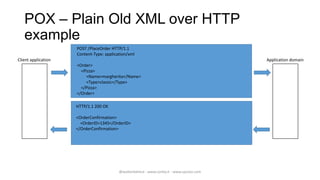 POX – Plain Old XML over HTTP
   example
                     POST /PlaceOrder HTTP/1.1
                     Content-Type: application/xml
Client application                                                                         Application domain
                     <Order>
                       <Pizza>
                         <Name>margherita</Name>
                         <Type>classic</Type>
                       </Pizza>
                     </Order>

                     HTTP/1.1 200 OK

                     <OrderConfirmation>
                       <OrderID>1345</OrderID>
                     </OrderConfirmation>




                                          @walterdalmut - www.corley.it - www.upcloo.com
 
