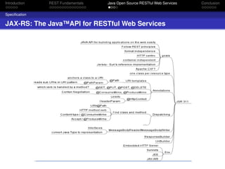 Introduction

REST Fundamentals

Java Open Source RESTful Web Services

Speciﬁcation

JAX-RS: The Java™API for RESTful Web Services

Conclusion

 