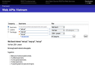 Introduction

REST Fundamentals

Final word

Web APIs Vietnam

Java Open Source RESTful Web Services

Conclusion

 