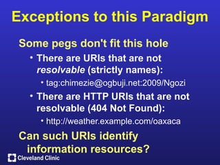 Exceptions to this Paradigm
Some pegs don't fit this hole
  • There are URIs that are not
    resolvable (strictly names):
    • tag:chimezie@ogbuji.net:2009/Ngozi
  • There are HTTP URIs that are not
    resolvable (404 Not Found):
    • http://weather.example.com/oaxaca
Can such URIs identify
 information resources?
 