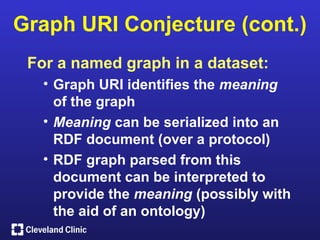 Graph URI Conjecture (cont.)
 For a named graph in a dataset:
   • Graph URI identifies the meaning
     of the graph
   • Meaning can be serialized into an
     RDF document (over a protocol)
   • RDF graph parsed from this
     document can be interpreted to
     provide the meaning (possibly with
     the aid of an ontology)
 