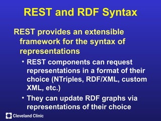 REST and RDF Syntax
REST provides an extensible
 framework for the syntax of
 representations
  • REST components can request
    representations in a format of their
    choice (NTriples, RDF/XML, custom
    XML, etc.)
  • They can update RDF graphs via
    representations of their choice
 
