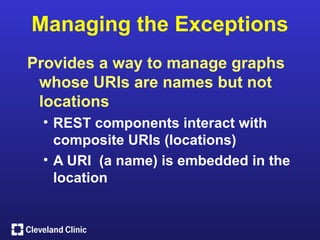 Managing the Exceptions
Provides a way to manage graphs
 whose URIs are names but not
 locations
 • REST components interact with
   composite URIs (locations)
 • A URI (a name) is embedded in the
   location
 