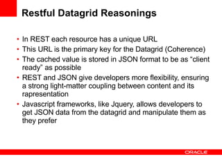 Restful Datagrid Reasonings In REST each resource has a unique URL This URL is the primary key for the Datagrid (Coherence) The cached value is stored in JSON format to be as “client ready” as possible REST and JSON give developers more flexibility, ensuring a strong  light-matter coupling between content and its rapresentation Javascript frameworks, like Jquery, allows developers to get JSON data from the datagrid and manipulate them as they prefer  