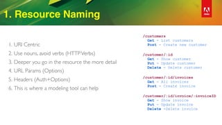 1. Resource Naming
1. URI Centric
2. Use nouns, avoid verbs (HTTPVerbs)
3. Deeper you go in the resource the more detail
4. URL Params (Options)
5. Headers (Auth+Options)
6. This is where a modeling tool can help
/customers 
Get - List customers 
Post - Create new customer
/customer/:id 
Get - Show customer 
Put - Update customer 
Delete - Delete customer
/customer/:id/invoices 
Get - All invoices 
Post - Create invoice
/customer/:id/invoice/:invoiceID 
Get - Show invoice 
Put - Update invoice 
Delete -Delete invoice
 