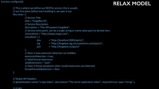 RELAX MODEL
function	configure(){	
	 	 	
	 //	This	is	where	we	define	our	RESTful	service,	this	is	usually	
	 //	our	first	place	before	even	building	it,	we	spec	it	out.	
	 this.relax	=	{	
	 	 //	Service	Title	
	 	 title	=	"ForgeBox	IO",	
	 	 //	Service	Description	
	 	 description	=	"This	API	powers	ForgeBox",	
	 	 //	Service	entry	point,	can	be	a	single	string	or	name	value	pairs	to	denote	tiers	
	 	 //entryPoint	=	"http://www.myapi.com",	
	 	 entryPoint	=	{	
	 	 	 dev			 =	"http://localhost:9095/api/v1",	
	 	 	 stg		 =	"http://forgebox.stg.ortussolutions.com/api/v1",	
	 	 	 prd		 =	"http://forgebox.io/api/v1"	
	 	 },	
	 	 //	Does	it	have	extension	detection	via	ColdBox	
	 	 extensionDetection	=	true,	
	 	 //	Valid	format	extensions	
	 	 validExtensions	=	"json",	
	 	 //	Does	it	throw	exceptions	when	invalid	extensions	are	detected	
	 	 throwOnInvalidExtension	=	false	 	 	
	 };	
	 	
	 //	Global	API	Headers	
	 //	globalHeader(	name="x-app-token",	description="The	secret	application	token",	required=true,	type="string"	);	
 