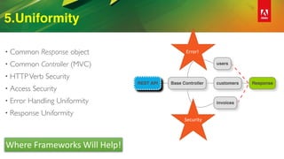 5.Uniformity
• Common Response object
• Common Controller (MVC)
• HTTPVerb Security
• Access Security
• Error Handling Uniformity
• Response Uniformity
Error!
Security
Where	Frameworks	Will	Help!
 