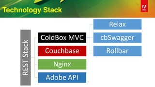 Technology Stack
RESTStack
ColdBox MVC
Relax
cbSwagger
RollbarCouchbase
Nginx
Adobe	API
 