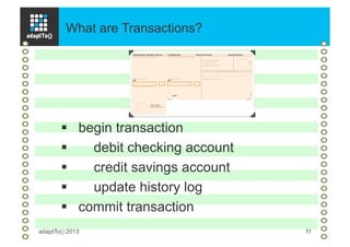 What are Transactions?
adaptTo() 2013 11
§  begin transaction
§  debit checking account
§  credit savings account
§  update history log
§  commit transaction
 