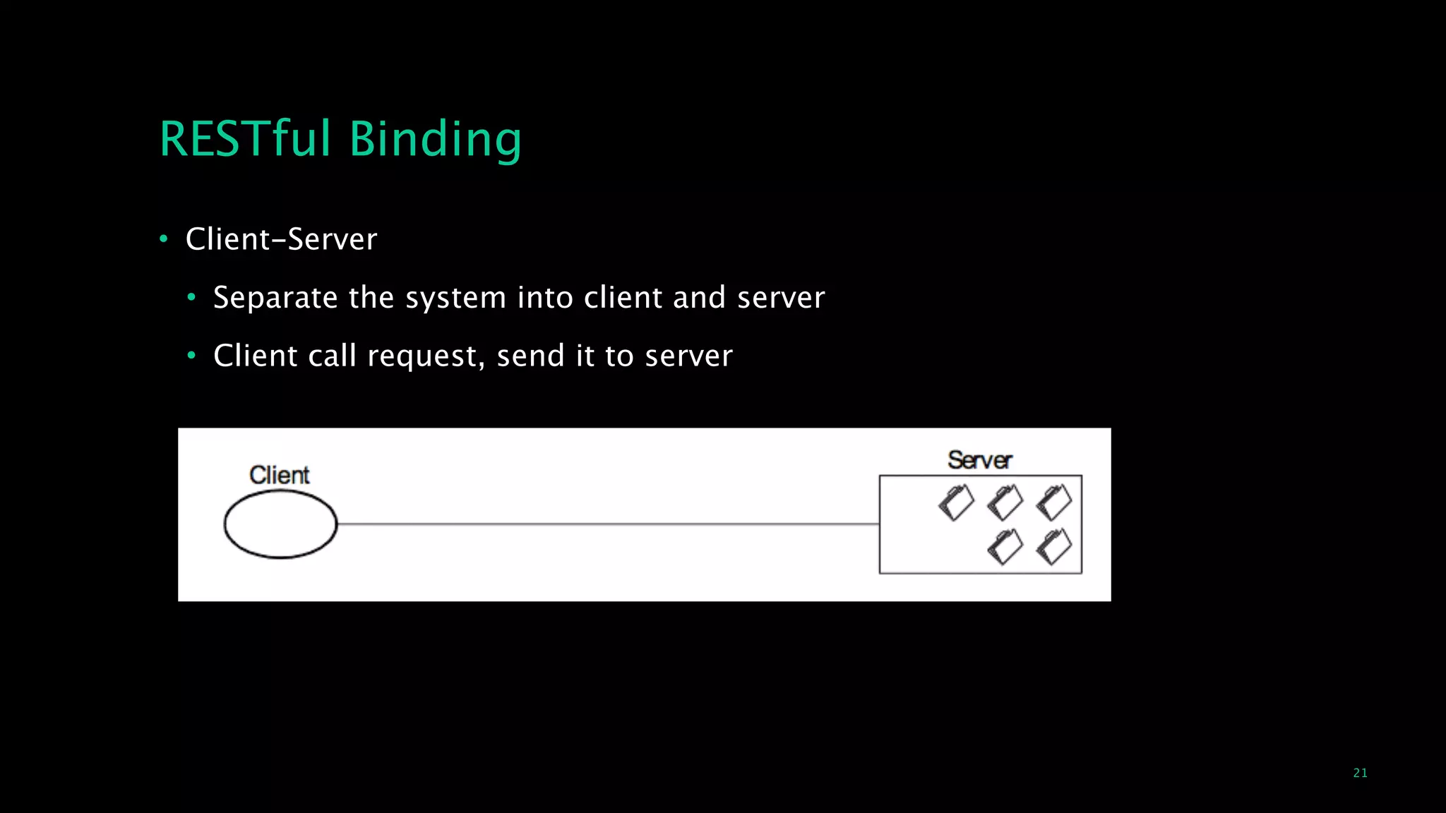 21
RESTful Binding
• Client-Server
• Separate the system into client and server
• Client call request, send it to server
 