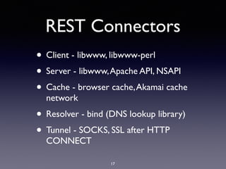 REST Connectors
• Client - libwww, libwww-perl
• Server - libwww,Apache API, NSAPI
• Cache - browser cache,Akamai cache
network
• Resolver - bind (DNS lookup library)
• Tunnel - SOCKS, SSL after HTTP
CONNECT
17
 