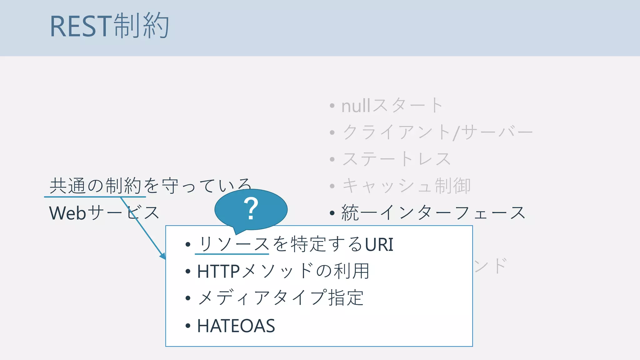 REST制約
共通の制約を守っている
Webサービス
• nullスタート
• クライアント/サーバー
• ステートレス
• キャッシュ制御
• 統一インターフェース
• 階層化システム
• コードオンデマンド
• リソースを特定するURI
• HTTPメソッドの利用
• メディアタイプ指定
• HATEOAS
？
 