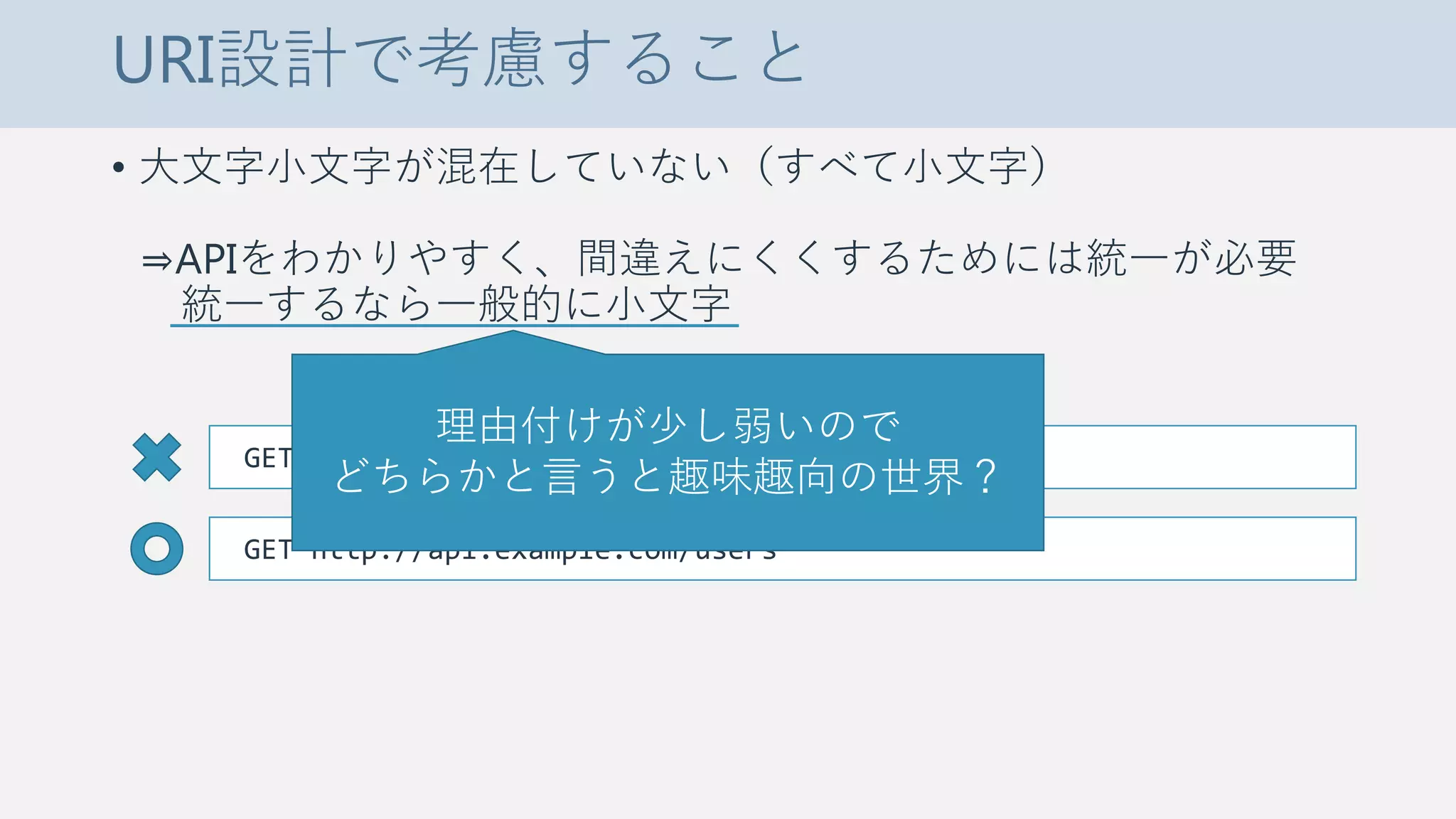 URI設計で考慮すること
• 大文字小文字が混在していない（すべて小文字）
⇒APIをわかりやすく、間違えにくくするためには統一が必要
統一するなら一般的に小文字
GET http://api.example.com/Users
GET http://api.example.com/users
理由付けが少し弱いので
どちらかと言うと趣味趣向の世界？
 