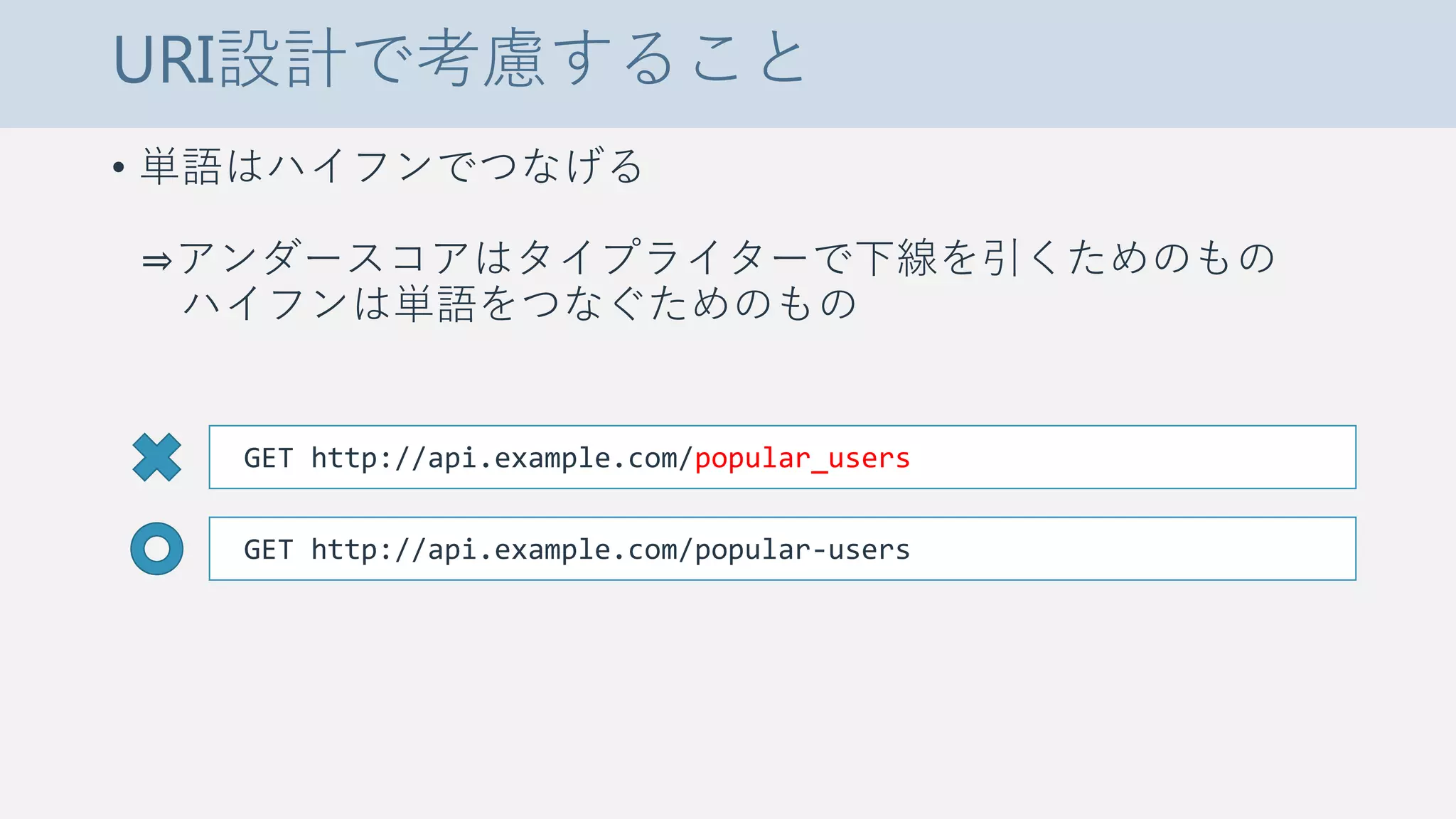 URI設計で考慮すること
• 単語はハイフンでつなげる
⇒アンダースコアはタイプライターで下線を引くためのもの
ハイフンは単語をつなぐためのもの
GET http://api.example.com/popular_users
GET http://api.example.com/popular-users
 
