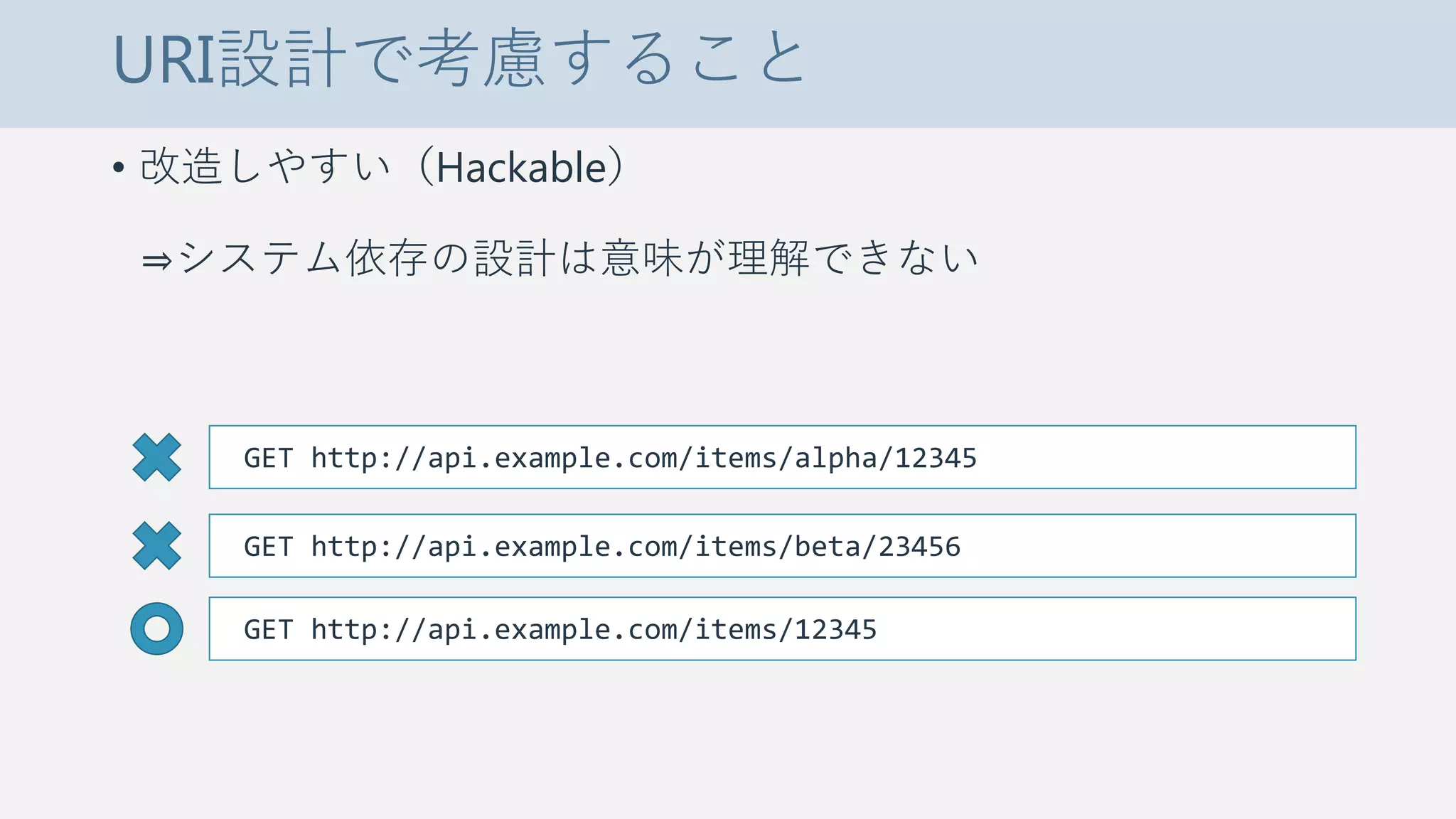 URI設計で考慮すること
• 改造しやすい（Hackable）
⇒システム依存の設計は意味が理解できない
GET http://api.example.com/items/alpha/12345
GET http://api.example.com/items/beta/23456
GET http://api.example.com/items/12345
 