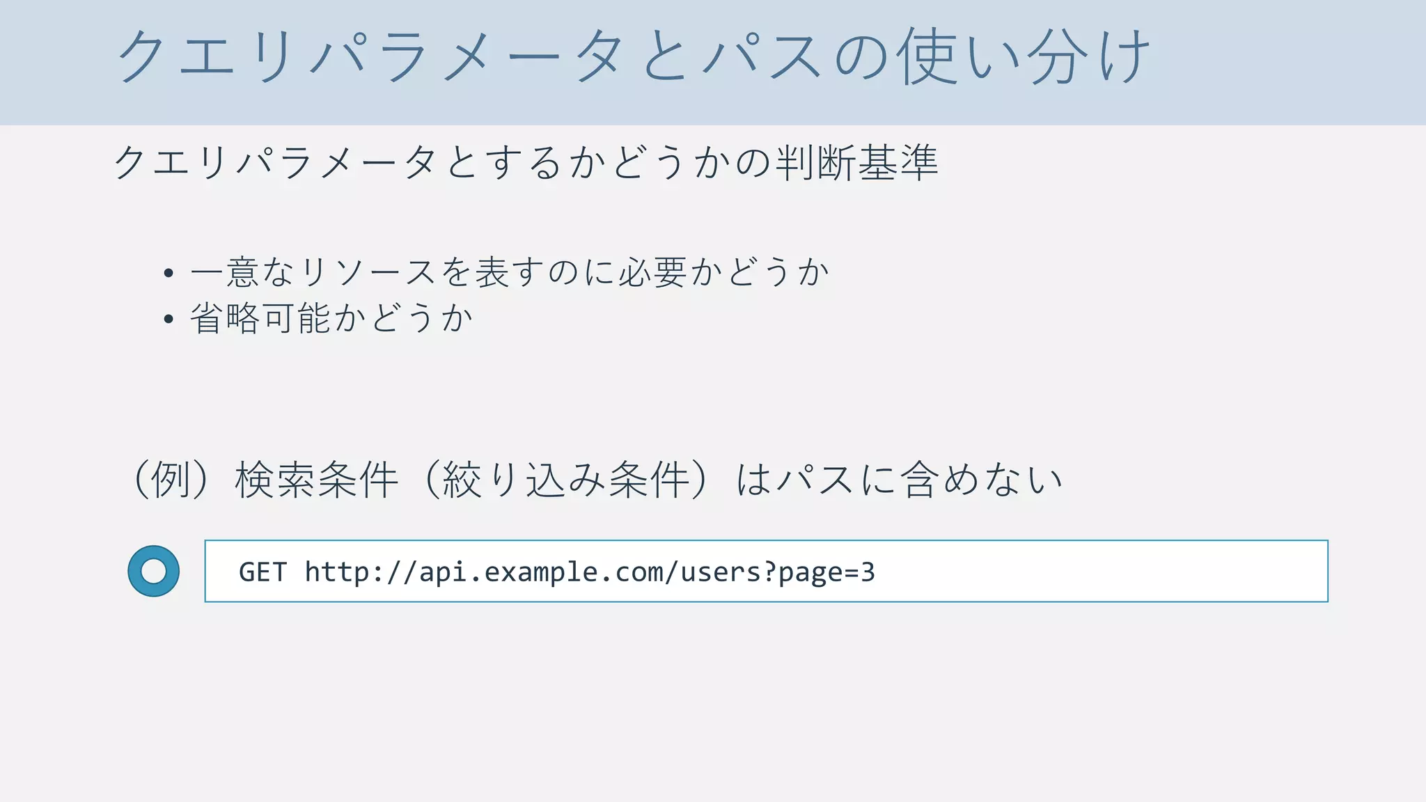 クエリパラメータとパスの使い分け
クエリパラメータとするかどうかの判断基準
• 一意なリソースを表すのに必要かどうか
• 省略可能かどうか
（例）検索条件（絞り込み条件）はパスに含めない
GET http://api.example.com/users?page=3
 