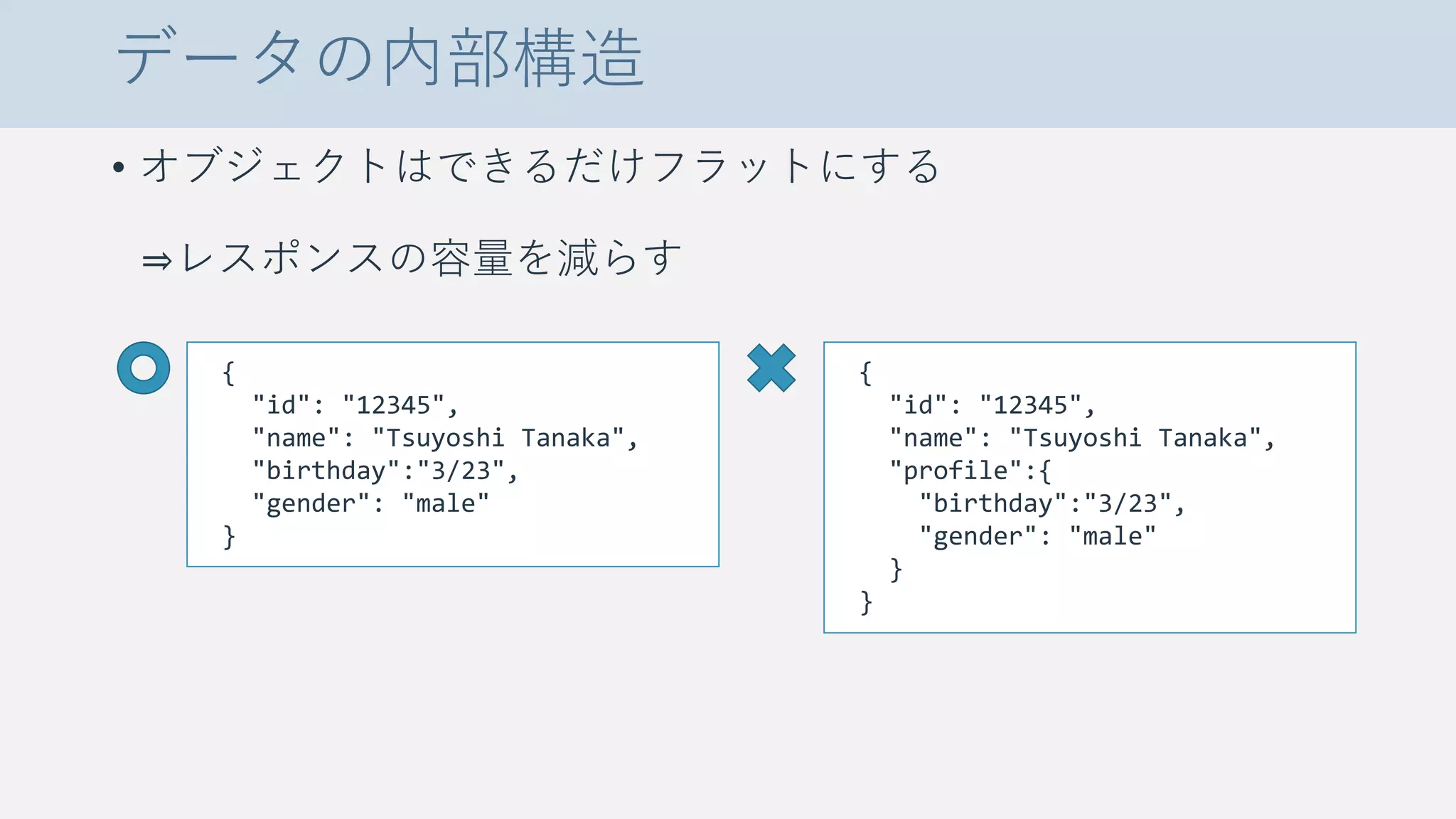 データの内部構造
• オブジェクトはできるだけフラットにする
⇒レスポンスの容量を減らす
{
"id": "12345",
"name": "Tsuyoshi Tanaka",
"birthday":"3/23",
"gender": "male"
}
{
"id": "12345",
"name": "Tsuyoshi Tanaka",
"profile":{
"birthday":"3/23",
"gender": "male"
}
}
 