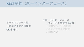 REST制約（統一インターフェース）
すべてのリソースは
一意にアクセス可能な
URIを持つ
• 統一インターフェース
• リソースを特定するURI
• HTTPメソッドの利用
• メディアタイプ指定
• HATEOAS
 