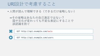 URI設計で考慮すること
• 人間が読んで理解できる（できるだけ省略しない）
⇒その省略はあなたの自己満足ではない？
国や文化が変わっても不変な表記にすることで
誤認識を防ぐ
GET http://api.example.com/sv/u
GET http://api.example.com/users
 