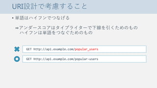 URI設計で考慮すること
• 単語はハイフンでつなげる
⇒アンダースコアはタイプライターで下線を引くためのもの
ハイフンは単語をつなぐためのもの
GET http://api.example.com/popular_users
GET http://api.example.com/popular-users
 