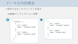 データの内部構造
• 配列ではなくオブジェクトを返す
⇒JSONインジェクション対策
{
"friends": [
{
"id": "12345",
"name": "Tsuyoshi Tanak"
},
{
"id": "12345",
"name": "Tsuyoshi Tanak"
},
...
]
}
[
{
"id": "12345",
"name": "Tsuyoshi Tanaka”
},
{
"id": "23456",
"name": “Kazuma Sato"
},
...
]
 