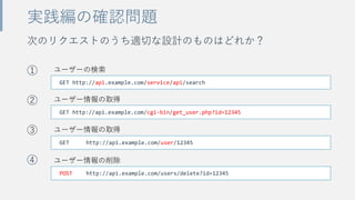 次のリクエストのうち適切な設計のものはどれか？
①
②
③
④
実践編の確認問題
GET http://api.example.com/user/12345
GET http://api.example.com/service/api/search
GET http://api.example.com/cgi-bin/get_user.php?id=12345
POST http://api.example.com/users/delete?id=12345
ユーザー情報の削除
ユーザー情報の取得
ユーザー情報の取得
ユーザーの検索
 