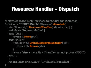 Resource Handler - Dispatch
// dispatch maps HTTP methods to handler function calls.
func (mux *RESTfulWebMultiplexer) dispatch(
	 ctx *Context, h ResourceHandler) (bool, error) {
	 switch ctx.Request.Method {
	 case ”GET”:
	 	 return h.Read(ctx)
	 case ”POST”:
	 	 if ch, ok := h.(CreateResourceHandler); ok {
	 	 	 return ch.Create(ctx)
	 	 }
	 	 return false, errors.New(”handler cannot process POST”)
	 case …
	 }
	 return false, errors.New(”invalid HTTP method”)
}
 