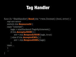 Tag Handler
func (h *StatHandler) Read(ctx *rwm.Context) (bool, error) {
	 var err error
	 switch ctx.ResourceId {
	 case ”interest”:
	 	 tags := statBackend.TagsByInterest()
	 	 if ctx.AcceptsJSON() {
	 	 	 err = ctx.RespondJSON(tags, true)
	 	 } else if ctx.AcceptsXML() {
	 	 	 err = ctx.RespondXML(tags)
	 	 }
	 case …
	 }
	 …	
}
 