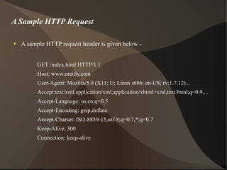 A Sample HTTP Request A sample HTTP request header is given below -  GET /index.html HTTP/1.1 Host: www.oreilly.com User-Agent: Mozilla/5.0 (X11; U; Linux i686; en-US; rv:1.7.12)... Accept:text/xml,application/xml,application/xhtml+xml,text/html;q=0.9,... Accept-Language: us,en;q=0.5 Accept-Encoding: gzip,deflate Accept-Charset: ISO-8859-15,utf-8;q=0.7,*;q=0.7 Keep-Alive: 300 Connection: keep-alive 