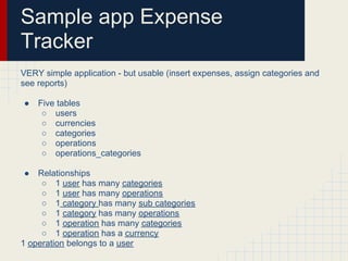 Sample app Expense
Tracker
VERY simple application - but usable (insert expenses, assign categories and
see reports)

●   ...