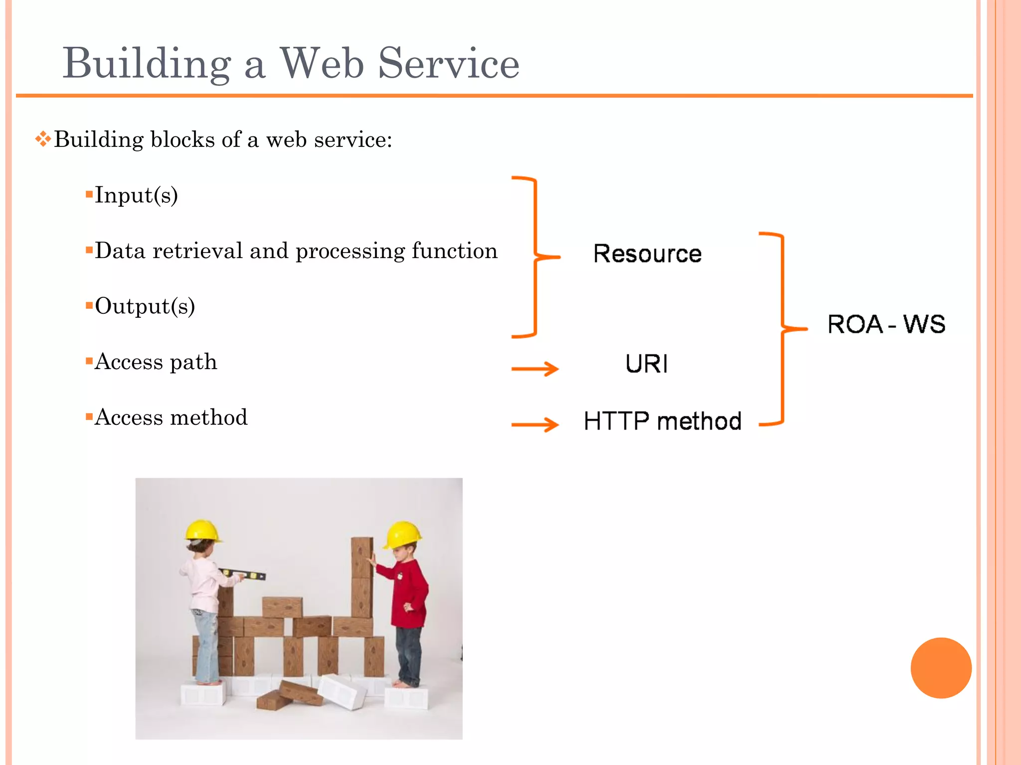 Building a Web Service
 Building blocks of a web service:
  Input(s)

  Data retrieval and processing function

  Output(s)

  Access path

  Access method
 