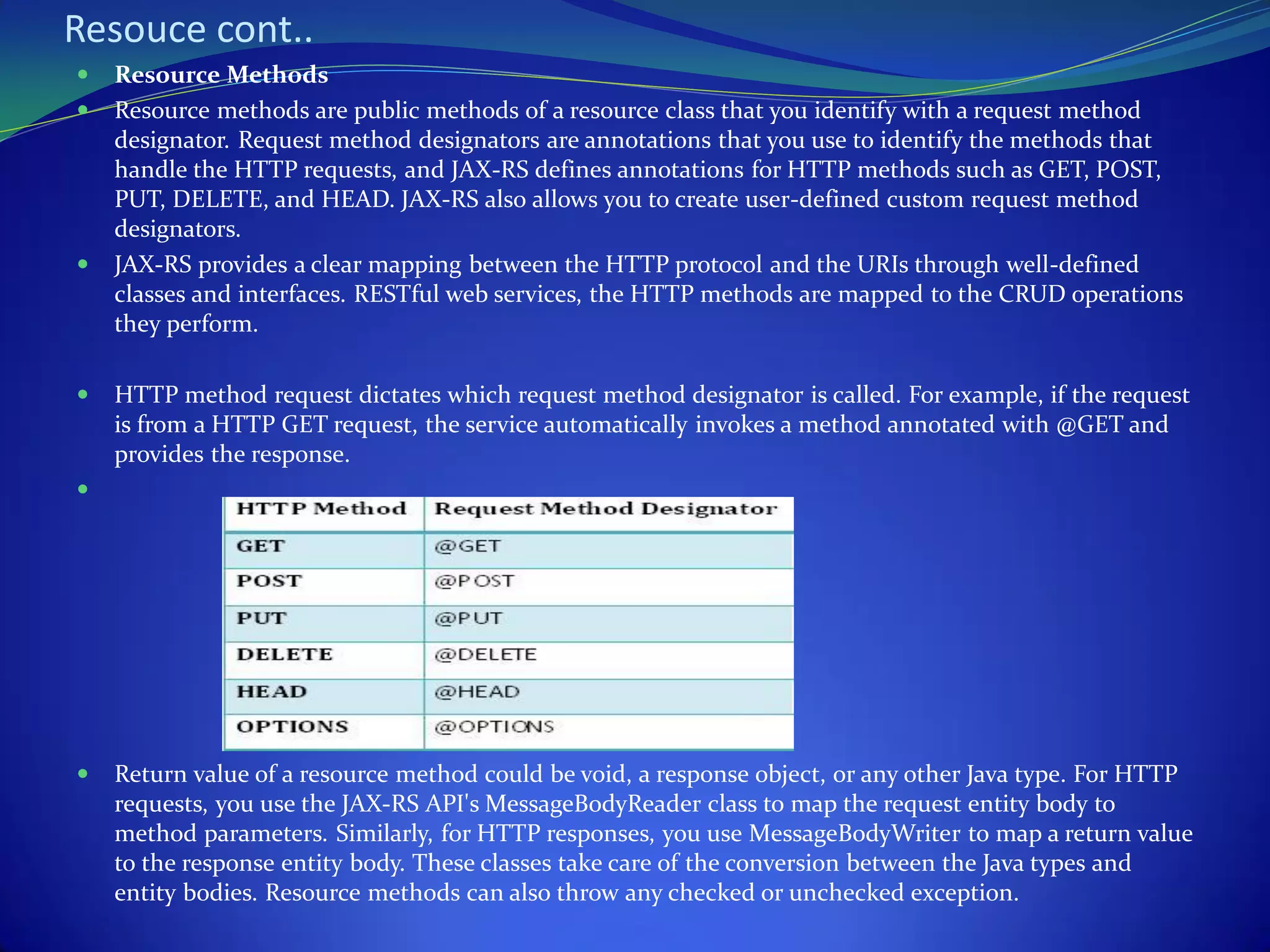 Resouce cont..
   Resource Methods
   Resource methods are public methods of a resource class that you identify with a request method
    designator. Request method designators are annotations that you use to identify the methods that
    handle the HTTP requests, and JAX-RS defines annotations for HTTP methods such as GET, POST,
    PUT, DELETE, and HEAD. JAX-RS also allows you to create user-defined custom request method
    designators.
   JAX-RS provides a clear mapping between the HTTP protocol and the URIs through well-defined
    classes and interfaces. RESTful web services, the HTTP methods are mapped to the CRUD operations
    they perform.

   HTTP method request dictates which request method designator is called. For example, if the request
    is from a HTTP GET request, the service automatically invokes a method annotated with @GET and
    provides the response.





   Return value of a resource method could be void, a response object, or any other Java type. For HTTP
    requests, you use the JAX-RS API's MessageBodyReader class to map the request entity body to
    method parameters. Similarly, for HTTP responses, you use MessageBodyWriter to map a return value
    to the response entity body. These classes take care of the conversion between the Java types and
    entity bodies. Resource methods can also throw any checked or unchecked exception.
 
