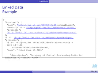 Linked Data
Linked Data
Example
{
"@context": {
"name": "http://www.w3.org/2000/01/rdf-schema#label",
"description": "http://purl.org/dc/terms/description",
"products":
"http://onto.fel.cvut.cz/ontologies/eshop/has-product"
},
"@id": "http://onto.fel.cvut.cz/eshop/categories/cpu",
"products": {
"@id": "https://ark.intel.com/products/97455/Intel-
Core-i3-7100-
Processor-3M-Cache-3-90-GHz",
"name": "Intel Core i3-7100"
},
"description": "Category of Central Processing Units for
computers.", "name": "CPU"
}
) 33 / 36
 