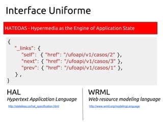 http://stateless.co/hal_specification.html
HAL
Hypertext Application Language
HATEOAS - Hypermedia as the Engine of Application State
Interface Uniforme
{
"_links": {
"self": { "href": "/ufoapi/v1/casos/2" },
"next": { "href": "/ufoapi/v1/casos/3" },
"prev": { "href": "/ufoapi/v1/casos/1" },
} ,
}
WRML
Web resource modeling language
http://www.wrml.org/modelingLanguage
 