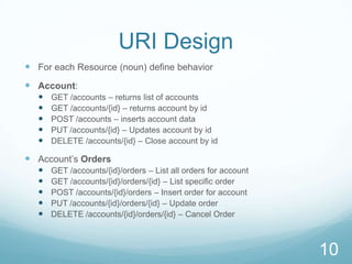 URI Design
 For each Resource (noun) define behavior
 Account:
     GET /accounts – returns list of accounts
     GET /accounts/{id} – returns account by id
     POST /accounts – inserts account data
     PUT /accounts/{id} – Updates account by id
     DELETE /accounts/{id} – Close account by id

 Account’s Orders
     GET /accounts/{id}/orders – List all orders for account
     GET /accounts/{id}/orders/{id} – List specific order
     POST /accounts/{id}/orders – Insert order for account
     PUT /accounts/{id}/orders/{id} – Update order
     DELETE /accounts/{id}/orders/{id} – Cancel Order



                                                                10
 