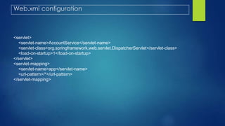 Web.xml configuration
<servlet>
<servlet-name>AccountService</servlet-name>
<servlet-class>org.springframework.web.servlet.DispatcherServlet</servlet-class>
<load-on-startup>1</load-on-startup>
</servlet>
<servlet-mapping>
<servlet-name>app</servlet-name>
<url-pattern>/*</url-pattern>
</servlet-mapping>
 