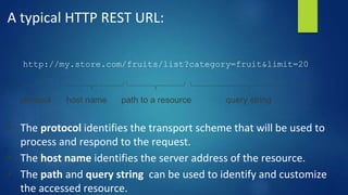 A typical HTTP REST URL:
http://my.store.com/fruits/list?category=fruit&limit=20
• The protocol identifies the transport scheme that will be used to
process and respond to the request.
• The host name identifies the server address of the resource.
• The path and query string can be used to identify and customize
the accessed resource.
protocol host name path to a resource query string
 