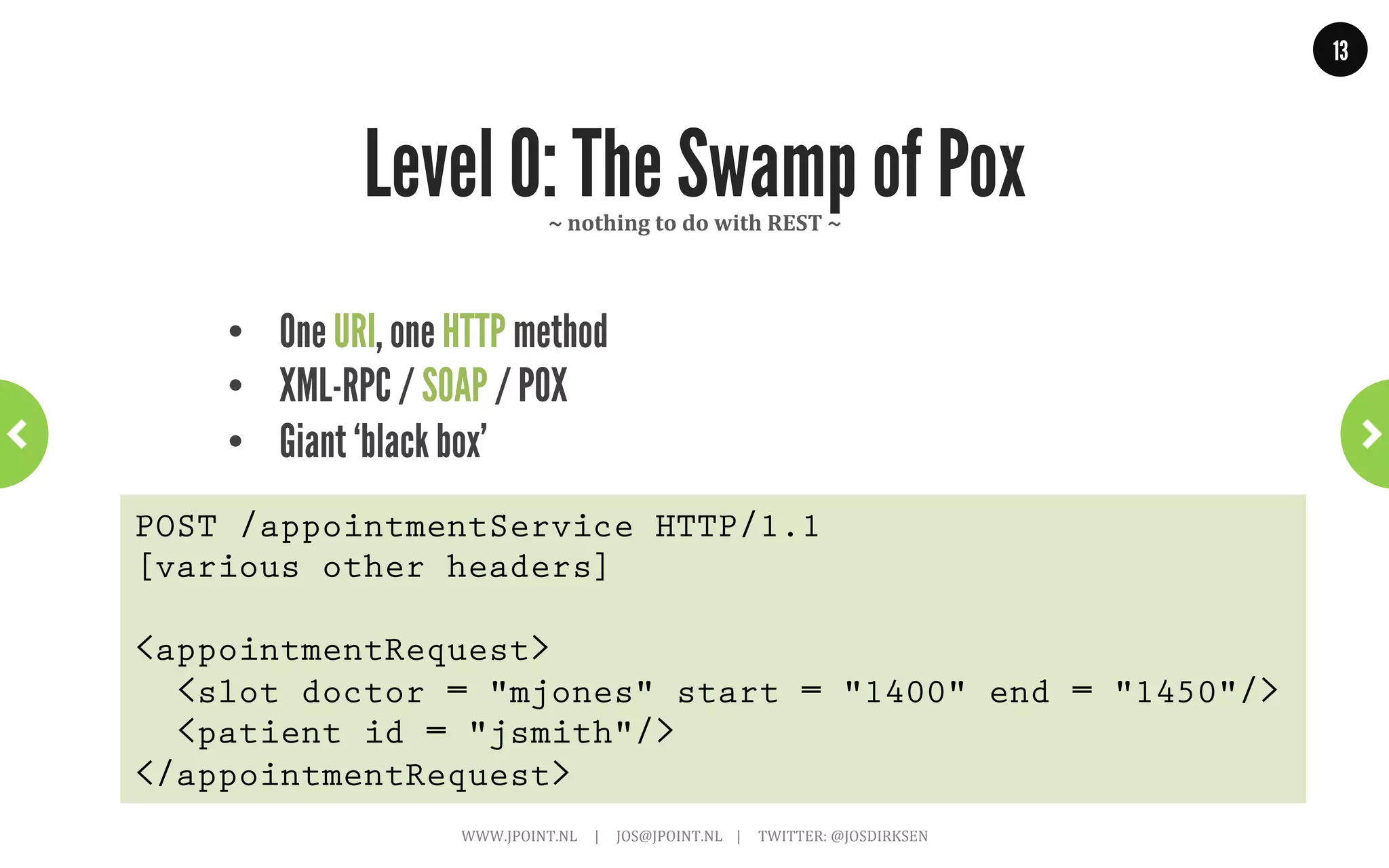 13




Richardson’s Maturity Model




    WWW.JPOINT.NL	
  	
  	
  	
  	
  |	
  	
  	
  	
  	
  JOS@JPOINT.NL	
  	
  	
  	
  |	
  	
  	
  	
  	
  TWITTER:	
  @JOSDIRKSEN	
  
 