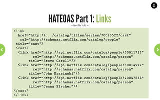 23




                  The key to HATEOAS is simple
    •  Hypermedia / Mime-types / Media-types :
            •    Describes a current state
            •    Compare it with a web page
            •    Can be seen as the contract
    •  Links:
            •    Describe the transition to the next state
            •    Compare it with hyperlinks
    •  HATEOAS makes surfing the web possible
    •  Jim Webber: “Hypermedia Describes Protocols” (HYDEPR)
“In each response message, include the links for the next request message”
                                  WWW.JPOINT.NL	
  	
  	
  	
  	
  |	
  	
  	
  	
  	
  JOS@JPOINT.NL	
  	
  	
  	
  |	
  	
  	
  	
  	
  TWITTER:	
  @JOSDIRKSEN	
  
 