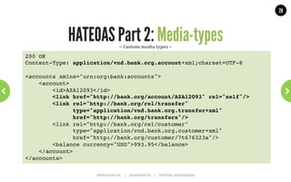 28




HATEOAS Part 2: Media-types
                                                                                                       WHERE:
                                                                                                       People	
  know	
  where	
  to	
  `ind	
  your	
  
                                                                                                       resource	
  using	
  URIs.	
  

                                                                                                       HOW:
                                                                                                       They	
  know	
  how	
  to	
  interact	
  by	
  
                                                                                                       following	
  links.	
  

                                                                                                       WHAT:
                                                                                                       But	
  what	
  do	
  the	
  resources	
  look	
  
                                                                                                       like,	
  what	
  do	
  they	
  need	
  to	
  post?	
  



    WWW.JPOINT.NL	
  	
  	
  	
  	
  |	
  	
  	
  	
  	
  JOS@JPOINT.NL	
  	
  	
  	
  |	
  	
  	
  	
  	
  TWITTER:	
  @JOSDIRKSEN	
  
 