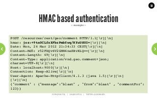 50




             HMAC based authentication                            ~	
  example	
  ~	
  




POST /resources/rest/geo/comment HTTP/1.1[r][n]!
hmac: jos:+9tn0CLfxXFbzPmbYwq/KYuUSUI=[r][n]!
Date: Mon, 26 Mar 2012 21:34:33 CEST[r][n]!
Content-Md5: r52FDQv6V2GHN4neZBvXLQ==[r][n]!
Content-Length: 69[r][n]!
Content-Type: application/vnd.geo.comment+json;
charset=UTF-8[r][n]!
Host: localhost:9000[r][n]!
Connection: Keep-Alive[r][n]!
User-Agent: Apache-HttpClient/4.1.3 (java 1.5)[r][n]!
[r][n]!
{"comment" : {"message":"blaat" , "from":"blaat" , "commentFor":
123}}!
                   WWW.JPOINT.NL	
  	
  	
  	
  	
  |	
  	
  	
  	
  	
  JOS@JPOINT.NL	
  	
  	
  	
  |	
  	
  	
  	
  	
  TWITTER:	
  @JOSDIRKSEN	
  
 