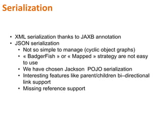 Generic REST ServicesHow to… retrieve a persisted object in database ?@GET@Path("/{ref}")@Produces({MediaType.APPLICATION_XML, MediaType.APPLICATION_JSON})public Response getResource(@PathParam("ref") String ref) {	T entity = this.service.findByRef(ref);if(entity == null) {return Response.status(Status.NOT_FOUND).build();	}return Response.ok(entity).build();}