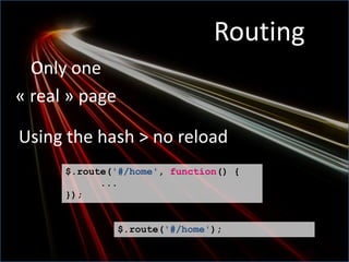 Use case 2 : client MVC with RESThub JSSessionBrowserMVCframeworkClient sideHTML5/JavaScript RIATemplateprocessingStaticfilesDynamicdataRESTWebservices      Static file(JS, HTML, CSS)StatelessServer sideMiddle